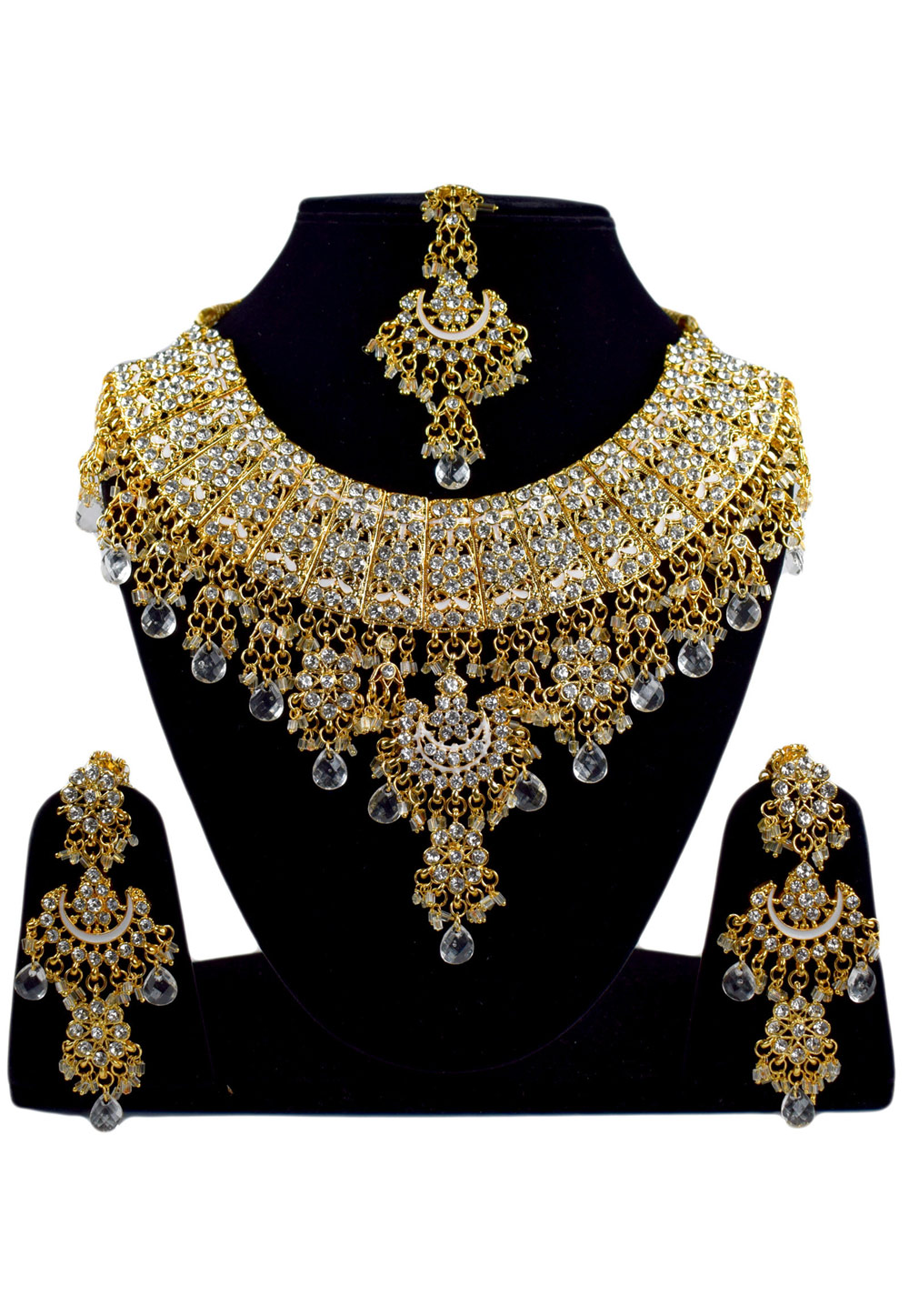 White Alloy Necklace Set Earrings and Maang Tikka 196266