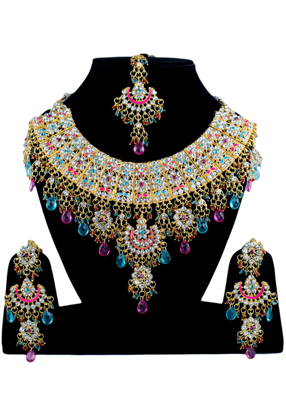Pink Alloy Necklace Set Earrings and Maang Tikka 196268