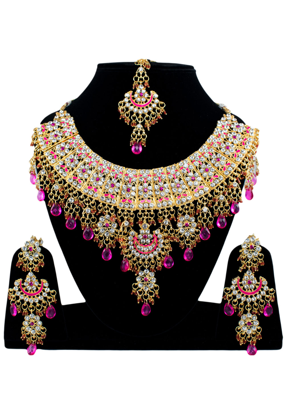 Pink Alloy Necklace Set Earrings and Maang Tikka 196270