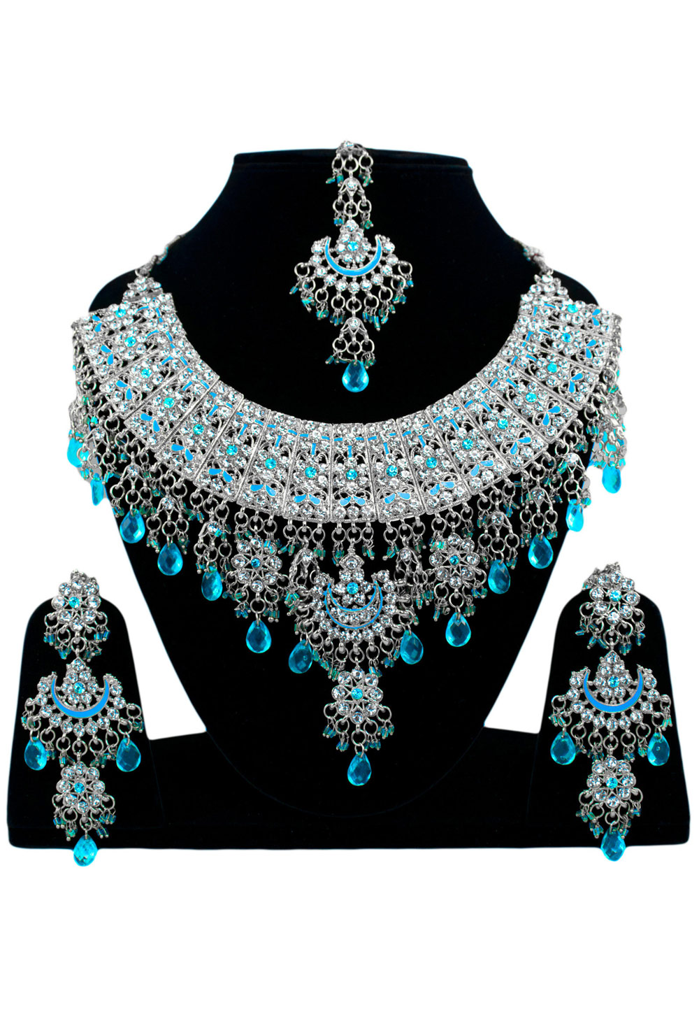 Blue Alloy Necklace Set Earrings and Maang Tikka 196271