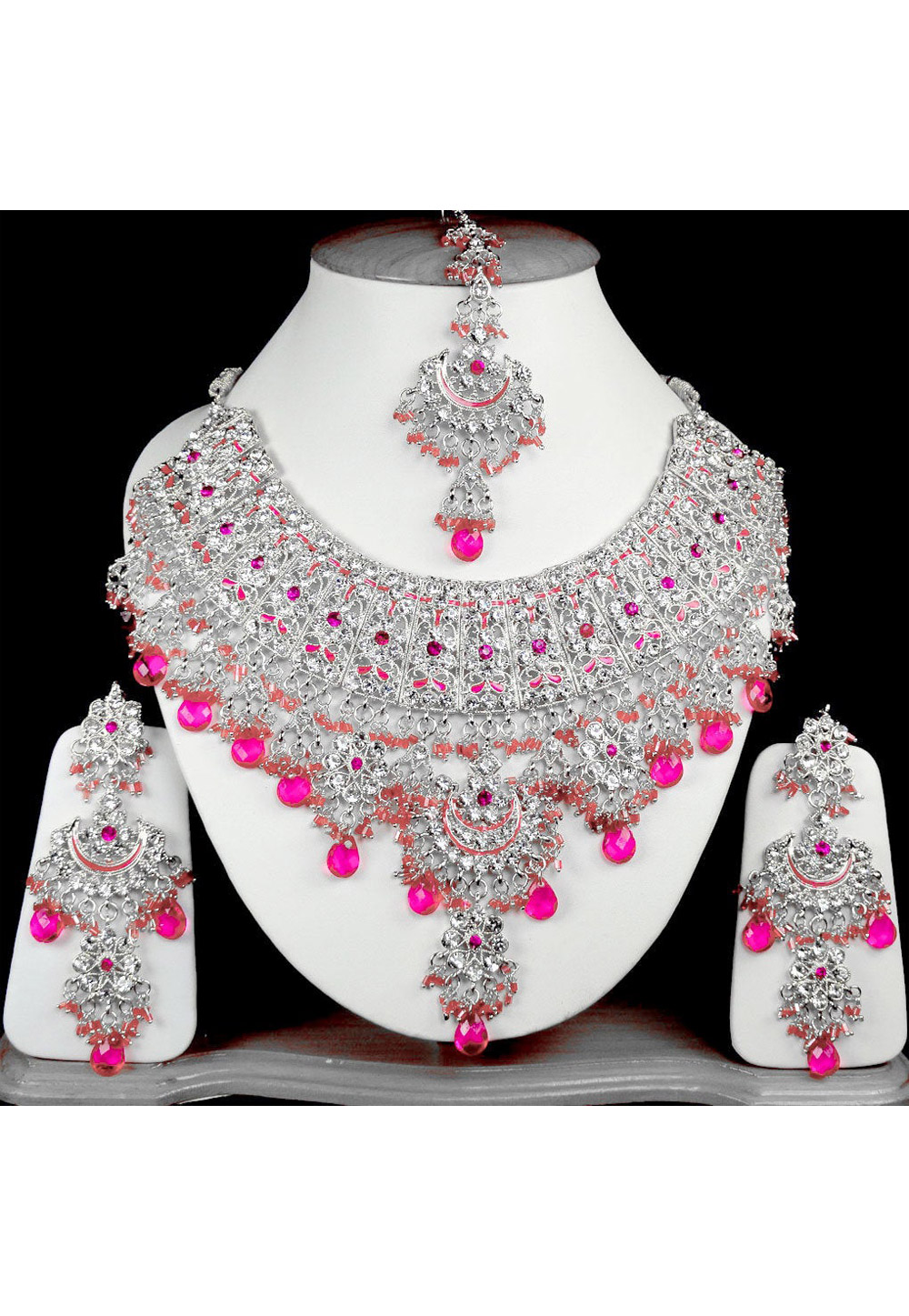 Pink Alloy Necklace Set Earrings and Maang Tikka 196275