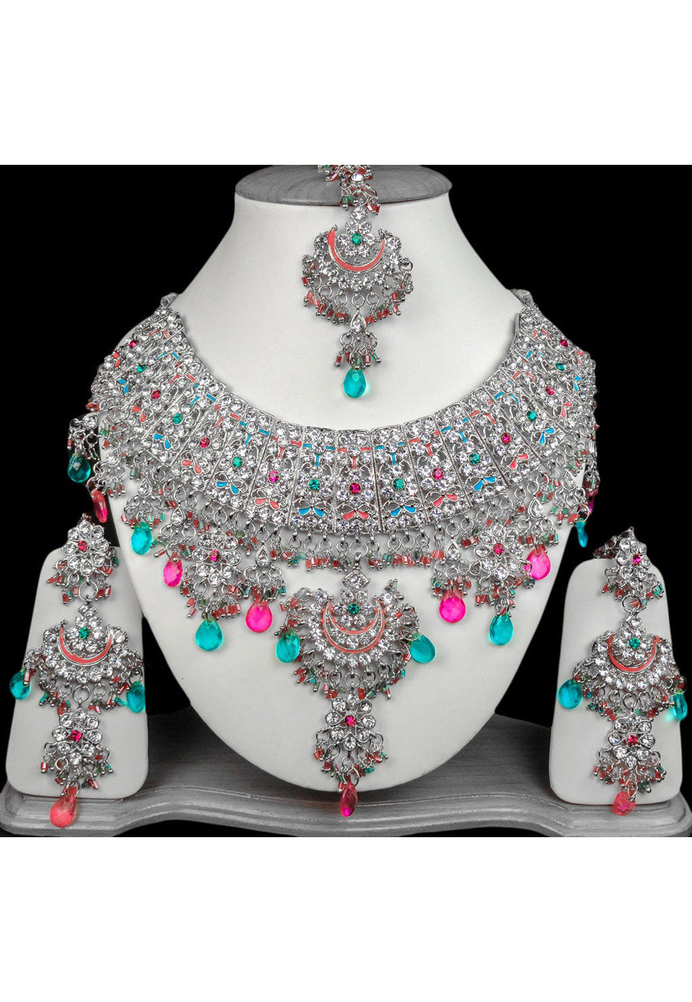 Pink Alloy Necklace Set Earrings and Maang Tikka 196277