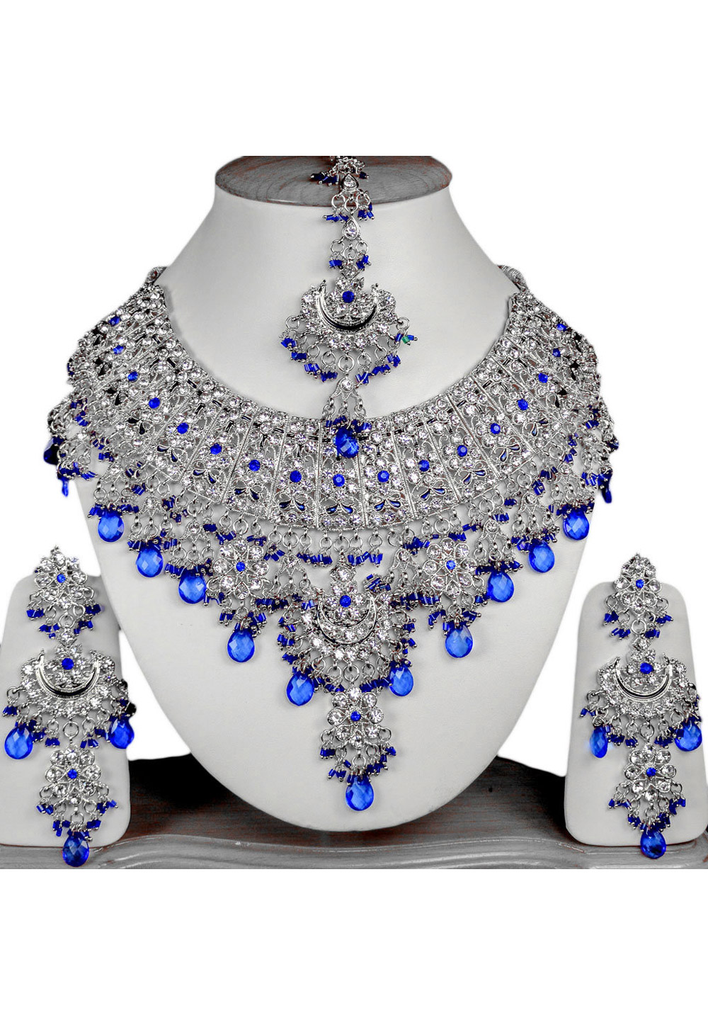 Blue Alloy Necklace Set Earrings and Maang Tikka 196278