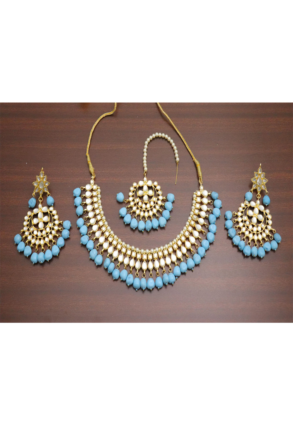 Sky Blue Alloy Necklace Set Earrings and Maang Tikka 196280