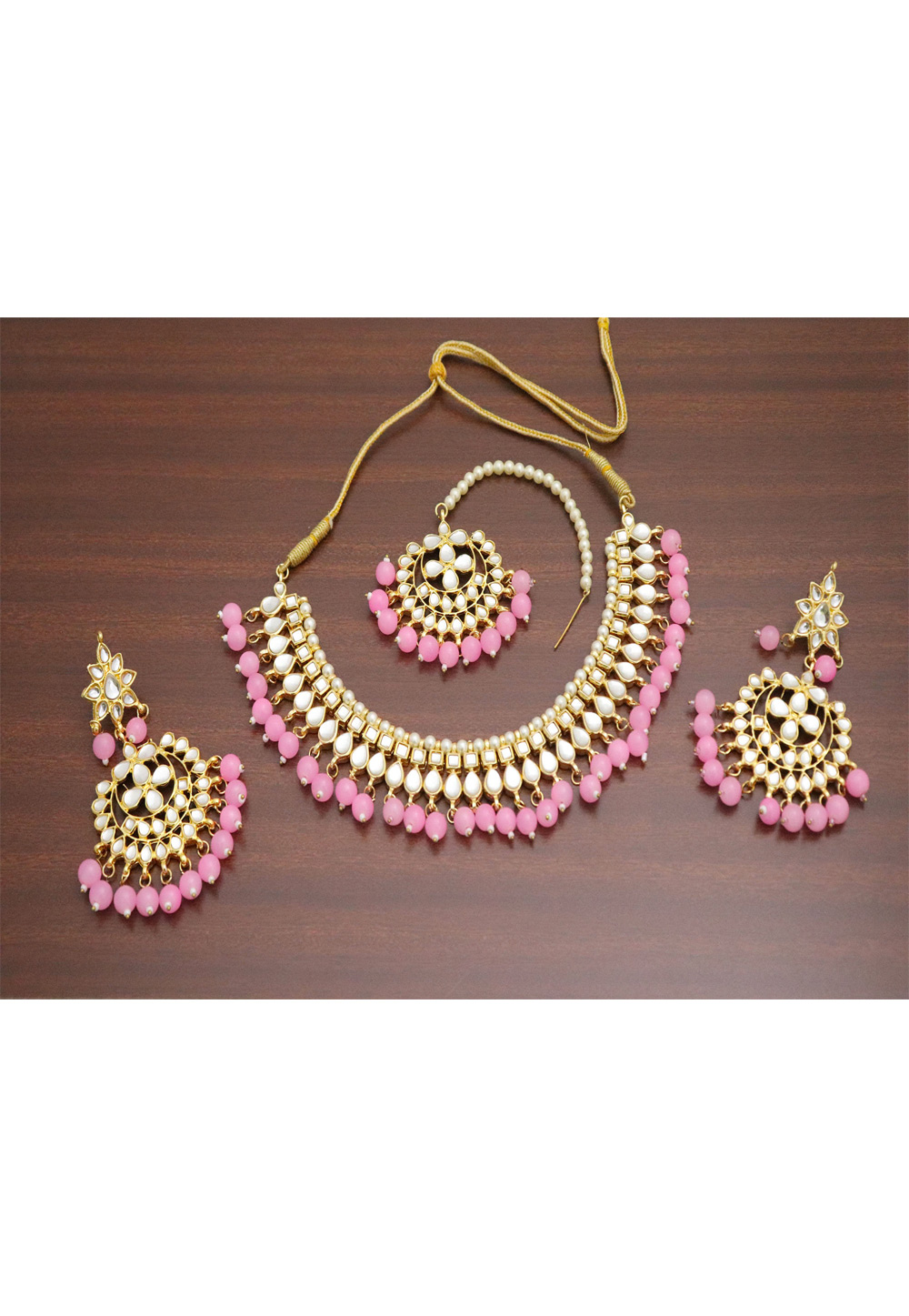 Pink Alloy Necklace Set Earrings and Maang Tikka 196281