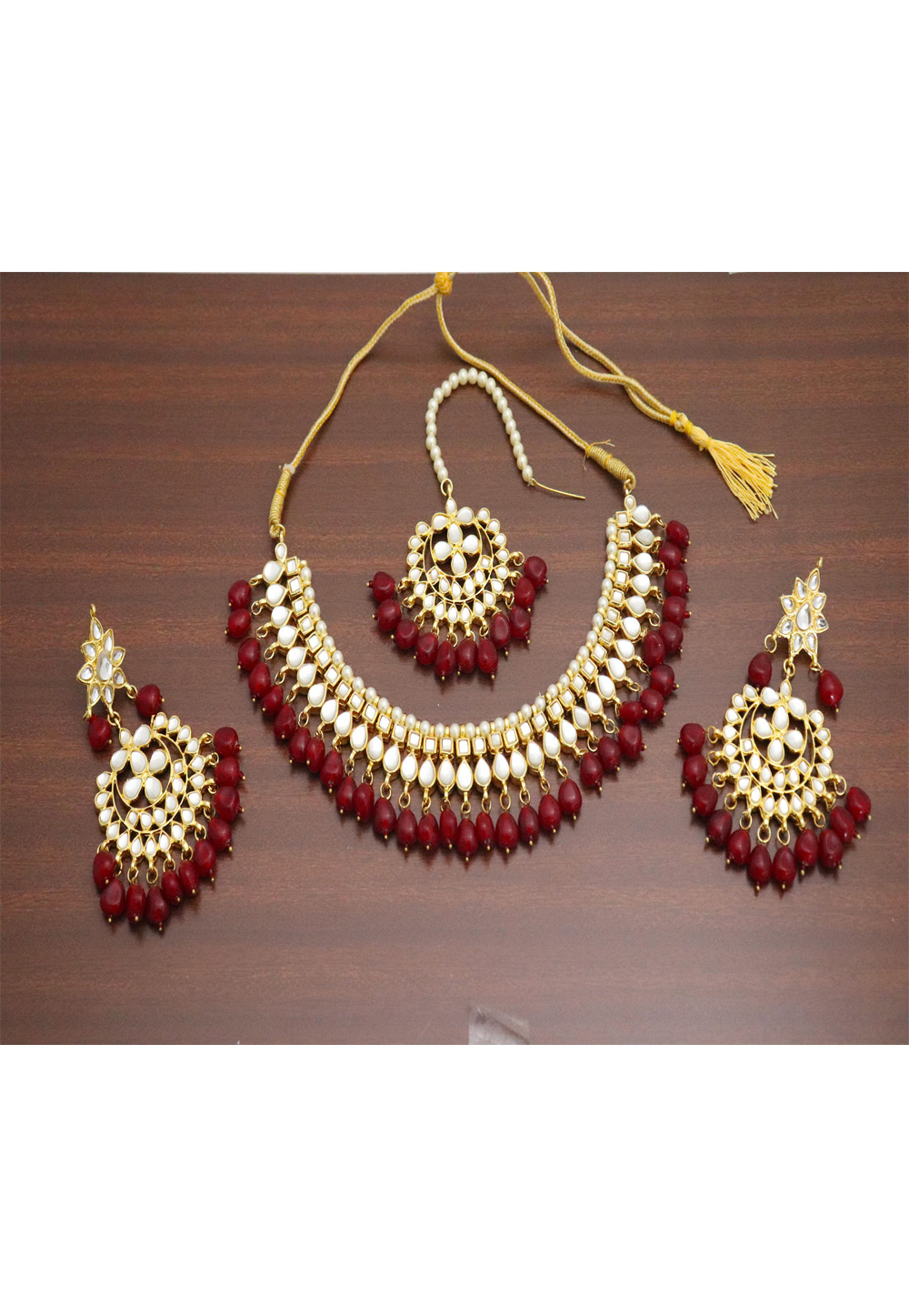 Maroon Alloy Necklace Set Earrings and Maang Tikka 196282