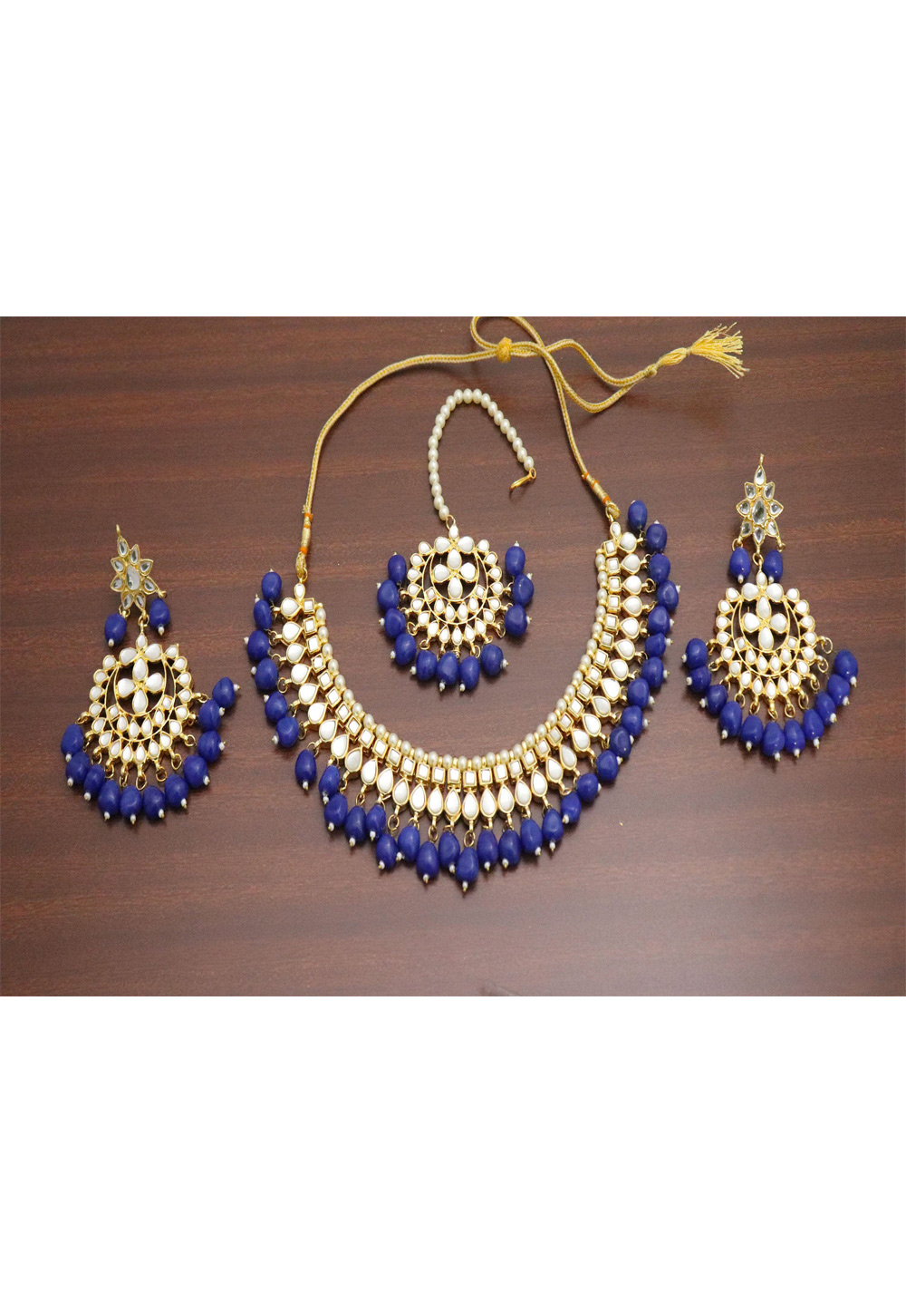 Blue Alloy Necklace Set Earrings and Maang Tikka 196283