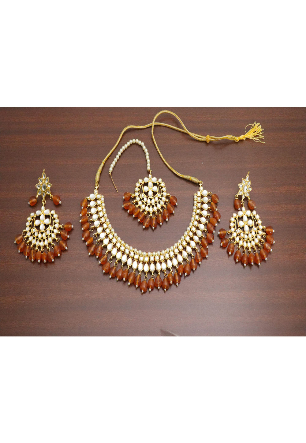 Rust Alloy Necklace Set Earrings and Maang Tikka 196285