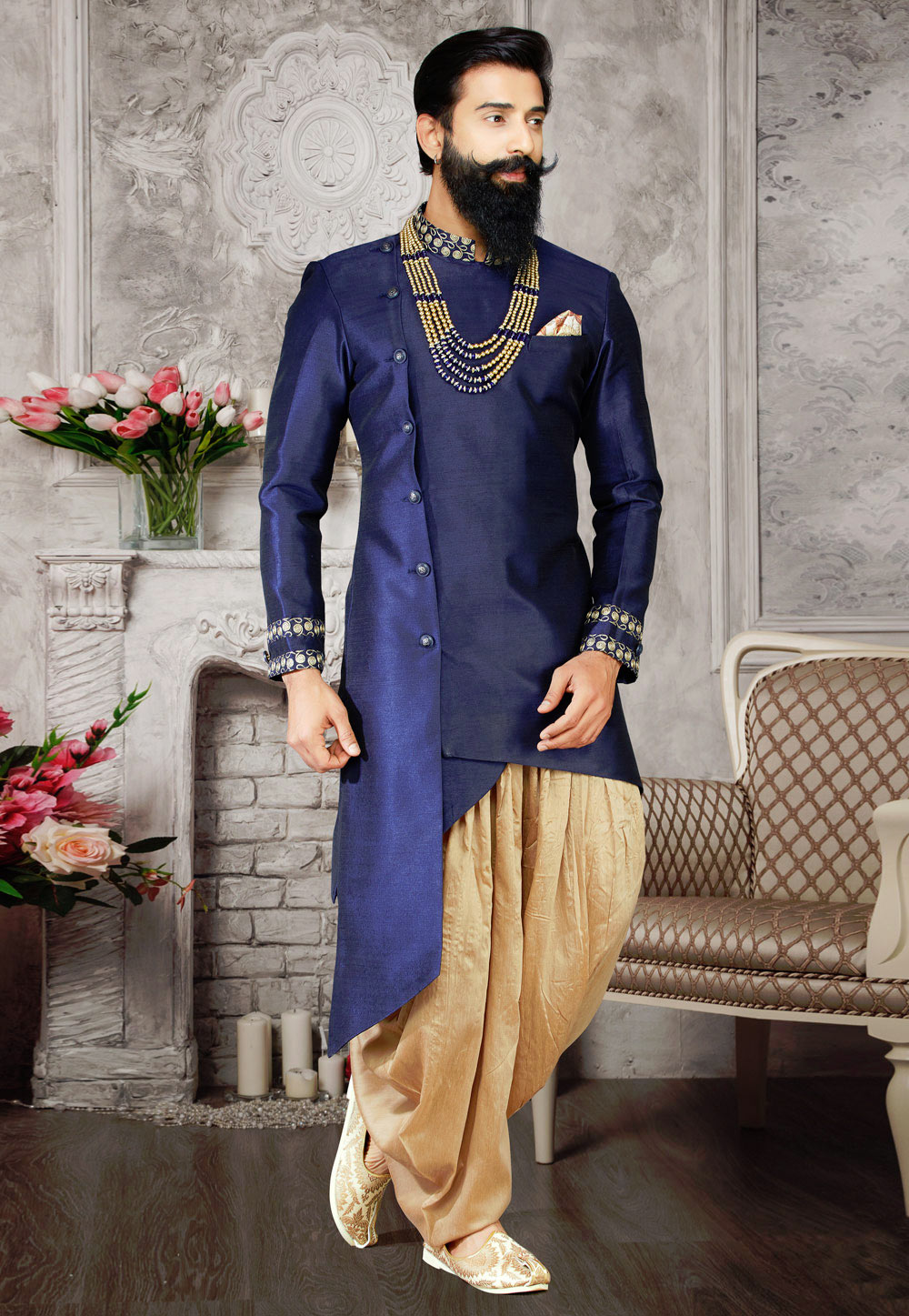 Navy Blue Art Silk Readymade Designer Indowestern Sherwani 175381