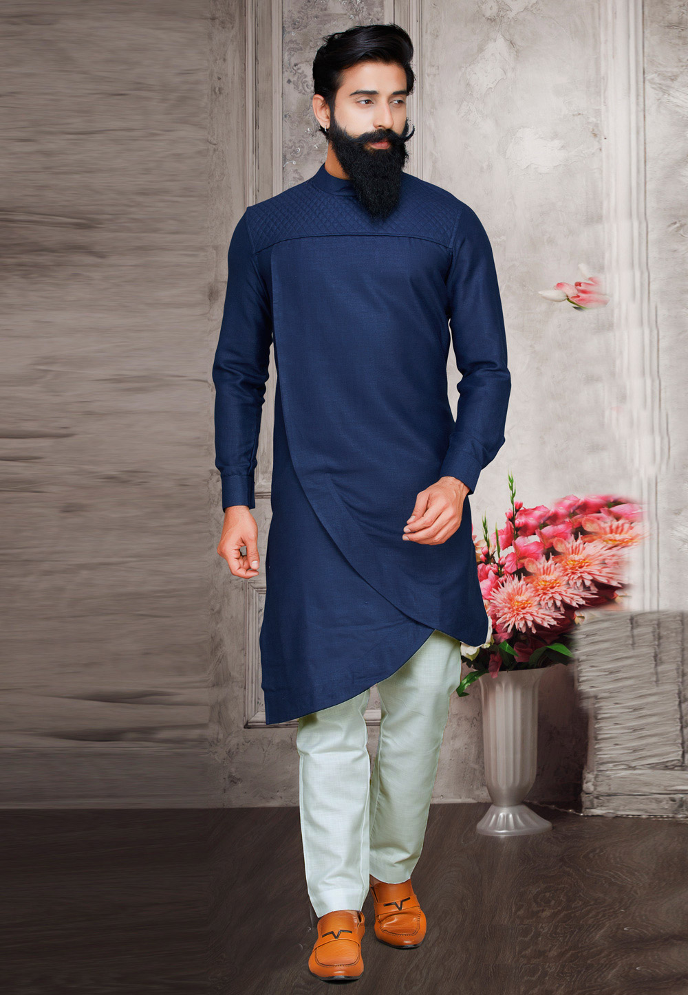 Navy Blue Cotton Readymade Indowestern Suit 175388