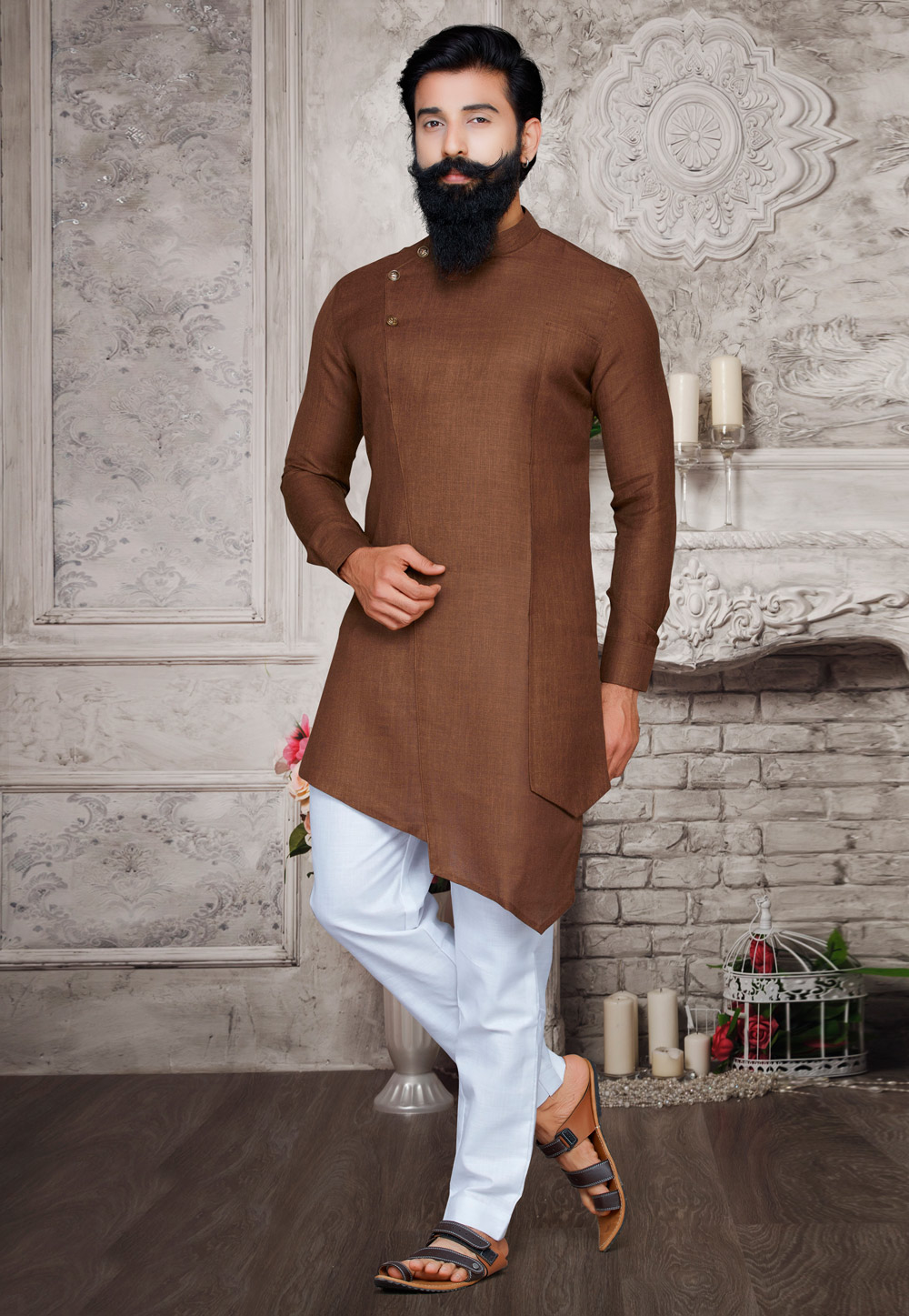 Brown Cotton Readymade Asymmetric Indowestern Suit 175392