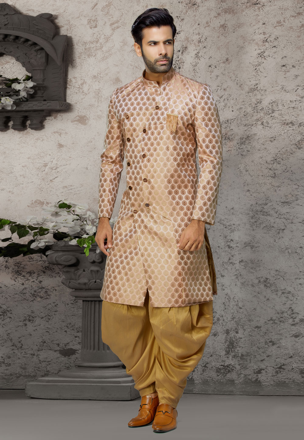 Beige Jacquard Readymade Indo Western Suit 198837
