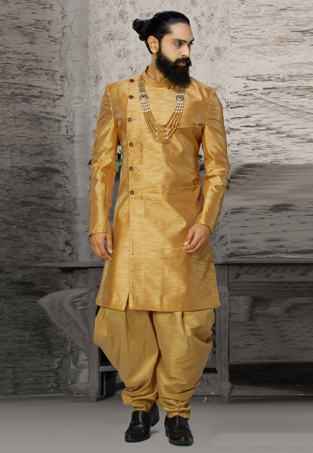 Golden Dupion Readymade Indo Western Suit 198840