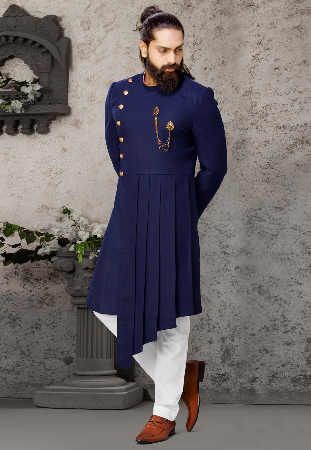 Navy Blue Cotton Readymade Indo Western Suit 198842