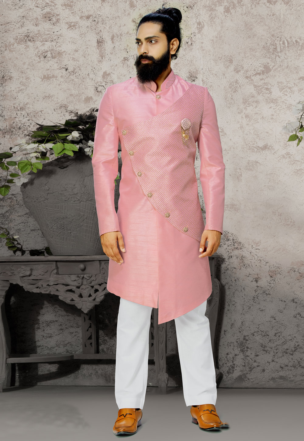 Pink Dupion Readymade Indo Western Suit 198843