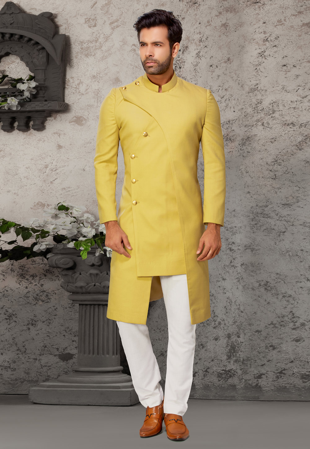 Yellow Cotton Readymade Indo Western Suit 198844