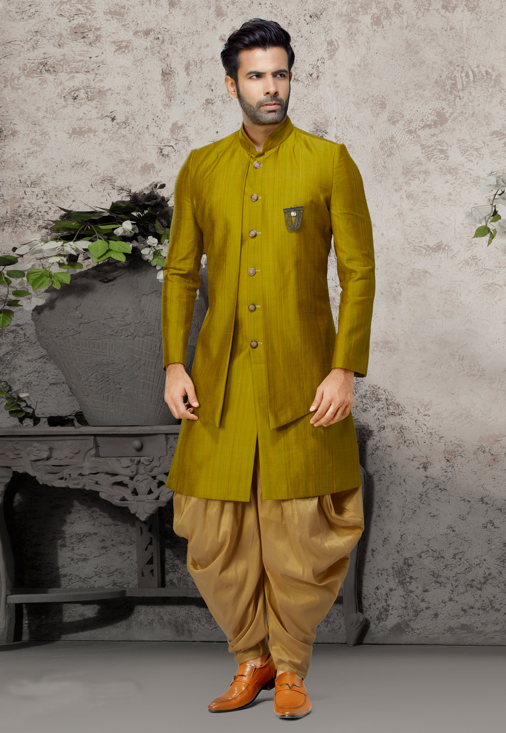 Green Dupion Readymade Indo Western Suit With Jacket 198845