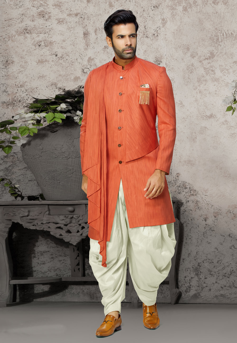 Orange Cotton Readymade Indo Western Suit 198847