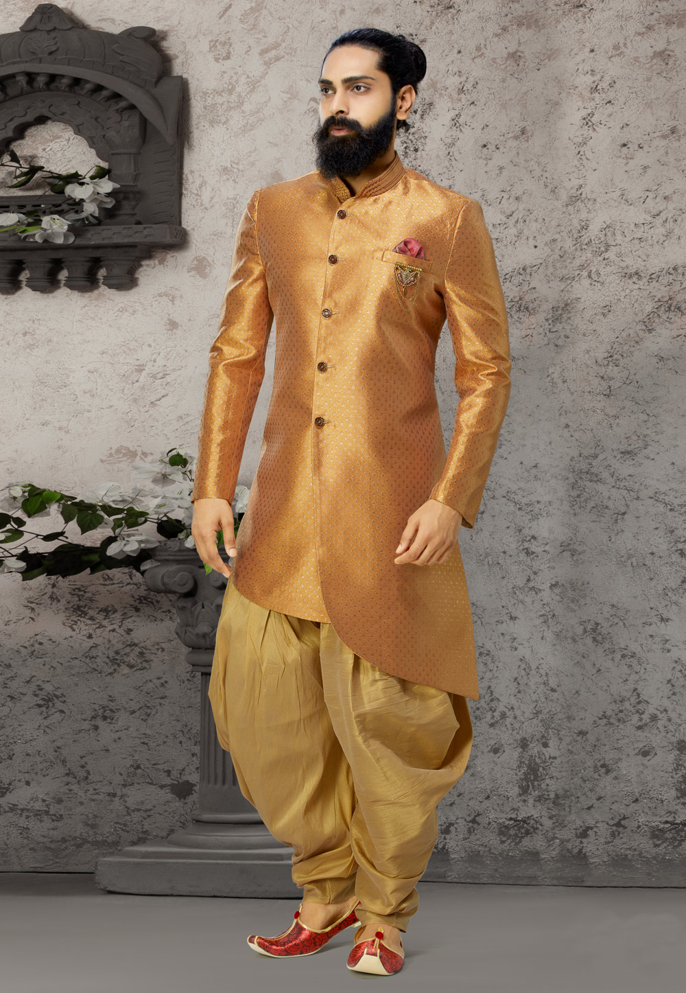 Golden Jacquard Readymade Indo Western Suit 198848