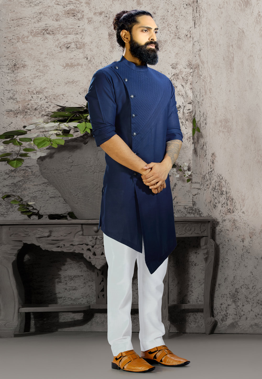 Navy Blue Cotton Readymade Indo Western Suit 198849