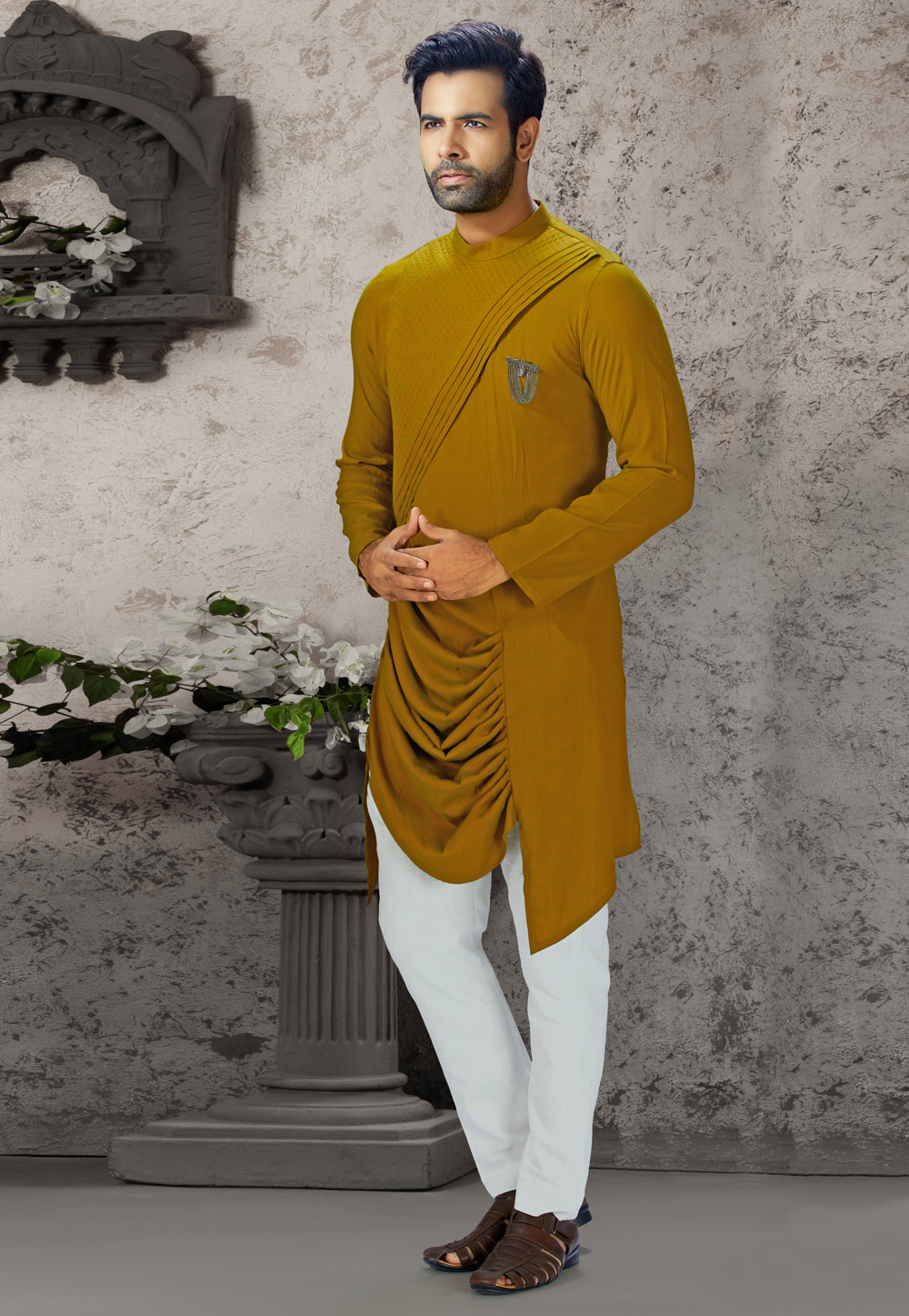 Mustard Cotton Readymade Indo Western Suit 198850