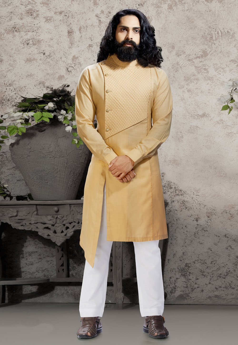 Beige Cotton Readymade Indo Western Suit 198854