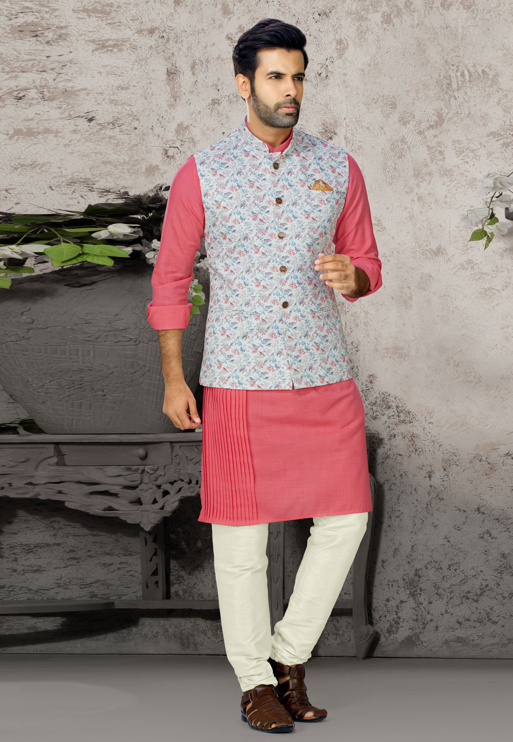 Pink Cotton Readymade Kurta Pajama With Jacket 198864