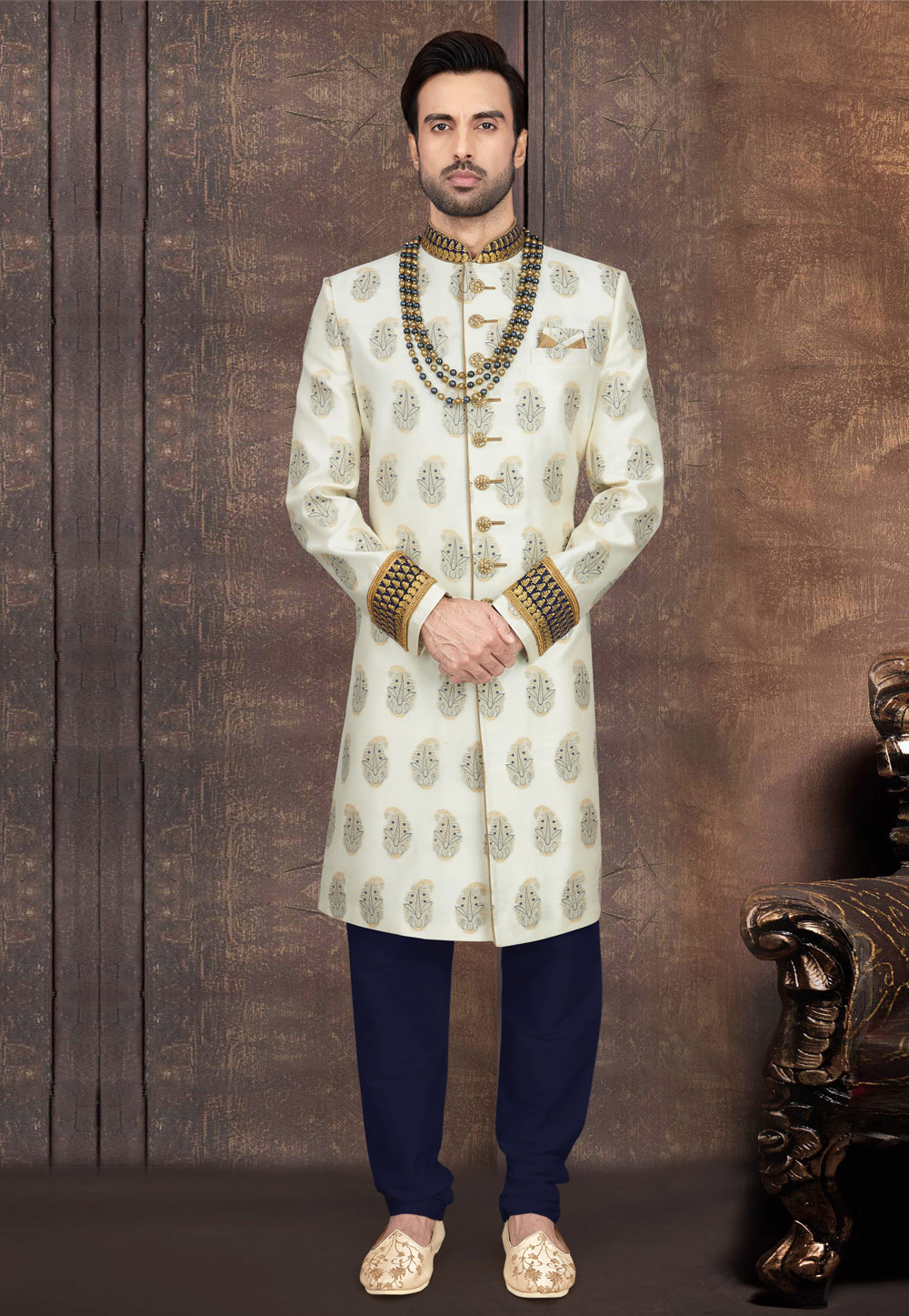 Off White Jacquard Readymade Indo Western Suit 211084