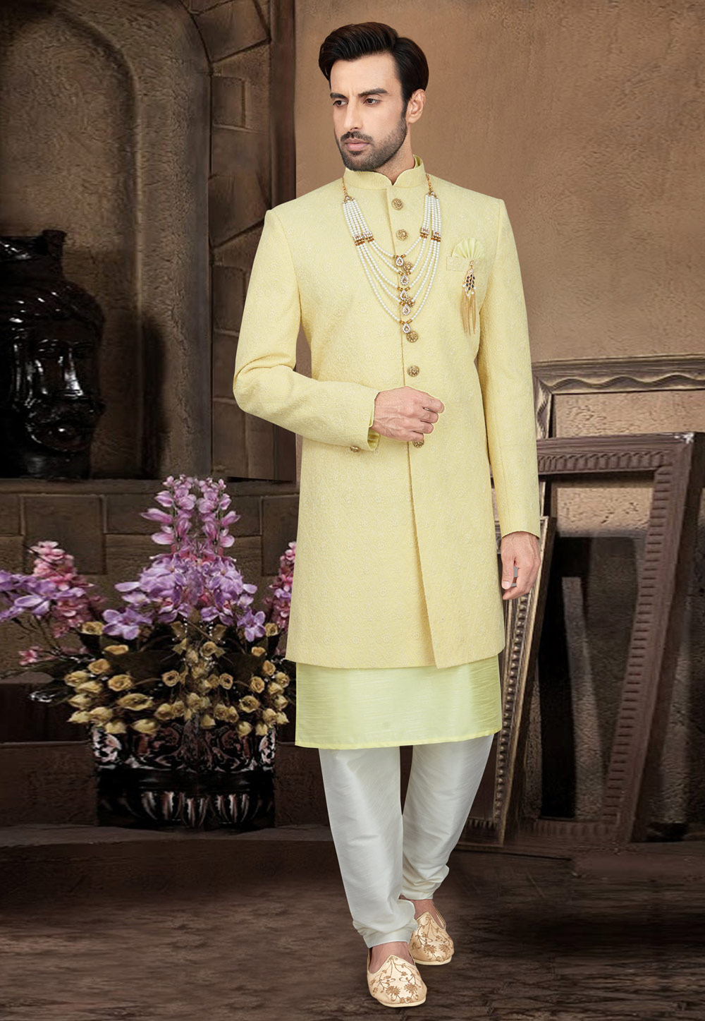 Light Yellow Dupion Readymade Indo Western Suit With Jacket 211087