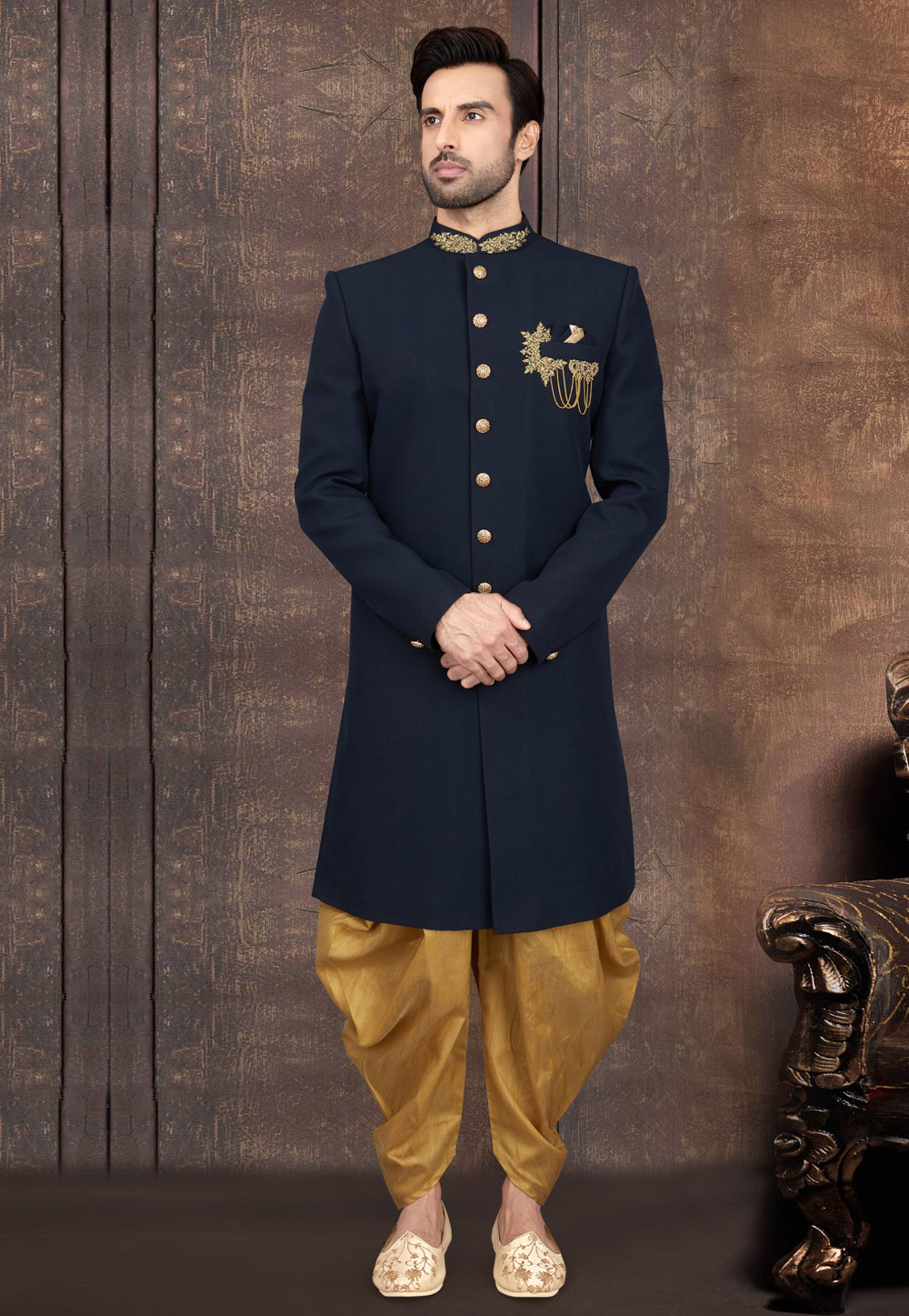 Navy Blue Polyester Readymade Indo Western Suit 211093