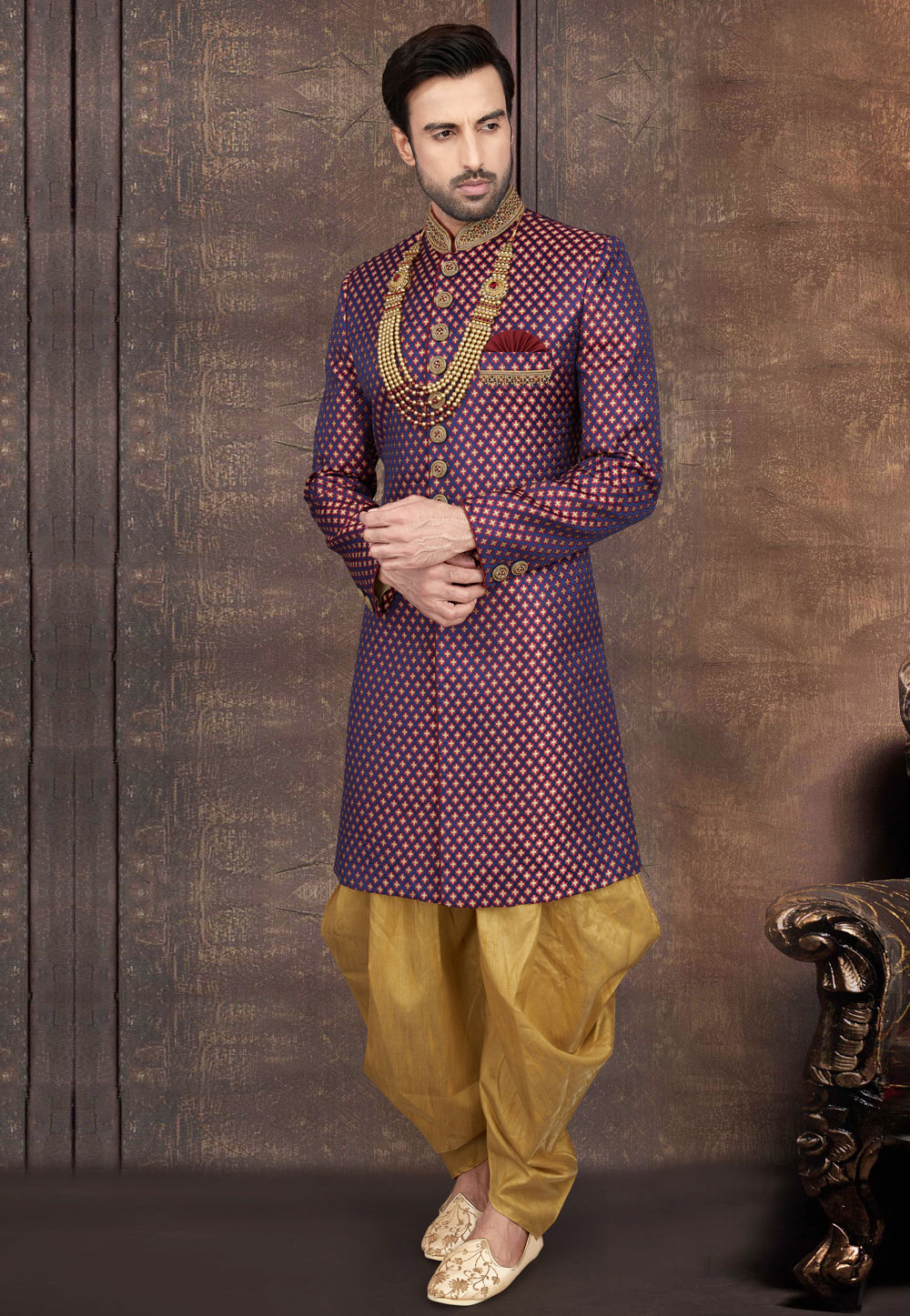Purple Jacquard Readymade Indo Western Suit 211100