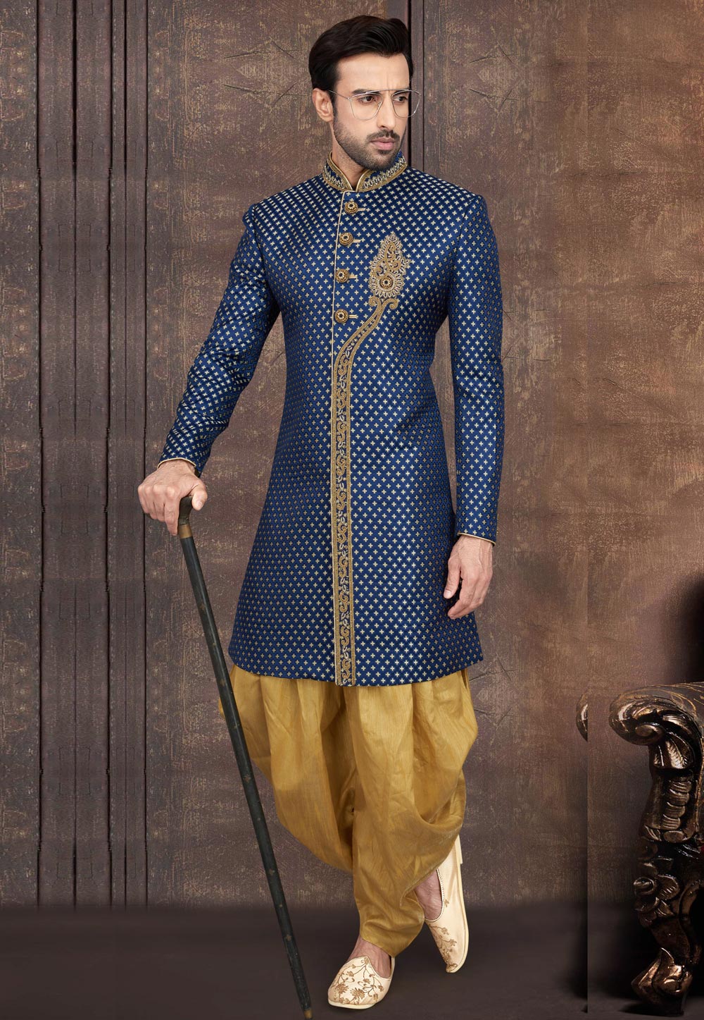 Navy Blue Jacquard Readymade Indo Western Suit 211101