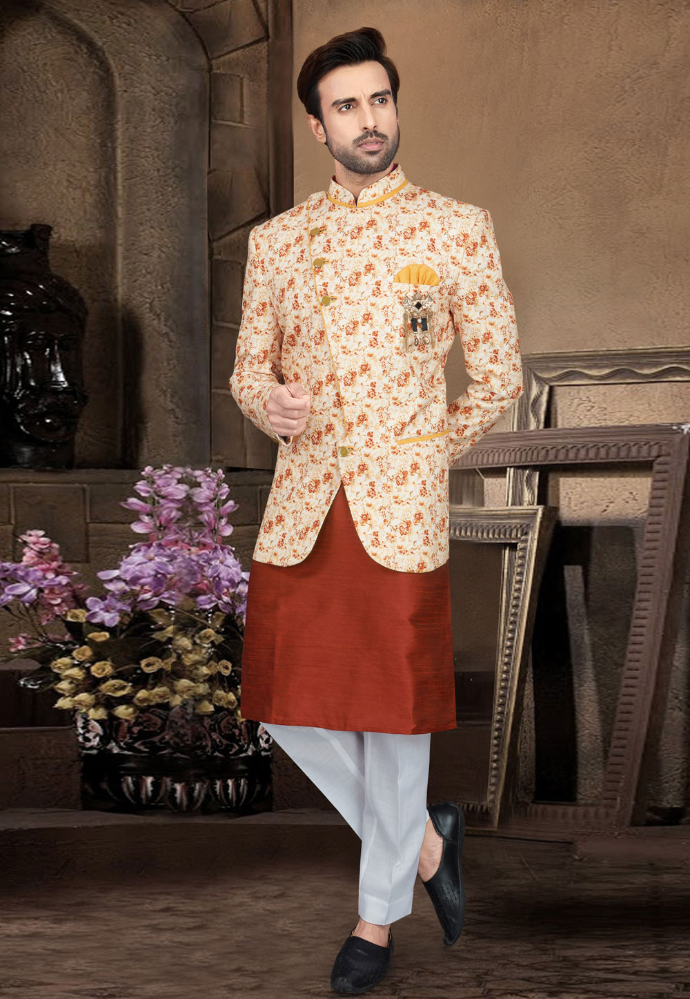 Rust Dupion Readymade Indo Western Suit With Jacket 211110