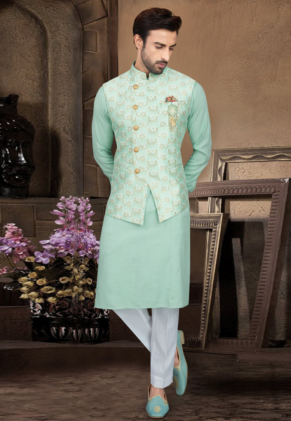 Sea Green Cotton Readymade Kurta Pajama With Jacket 210955