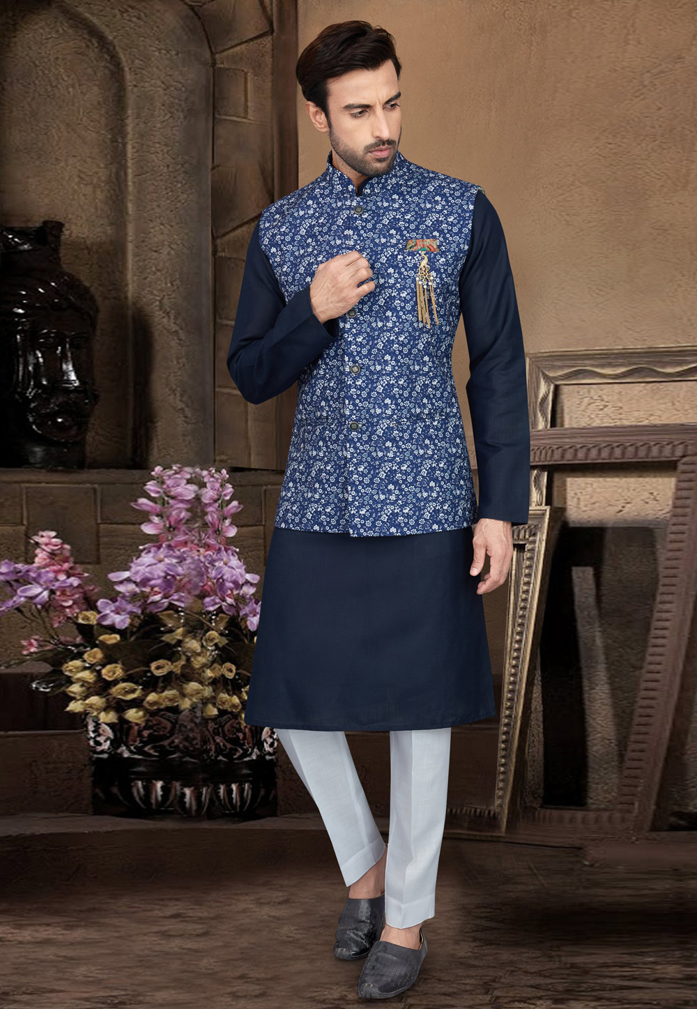 Navy Blue Cotton Readymade Kurta Pajama With Jacket 210956