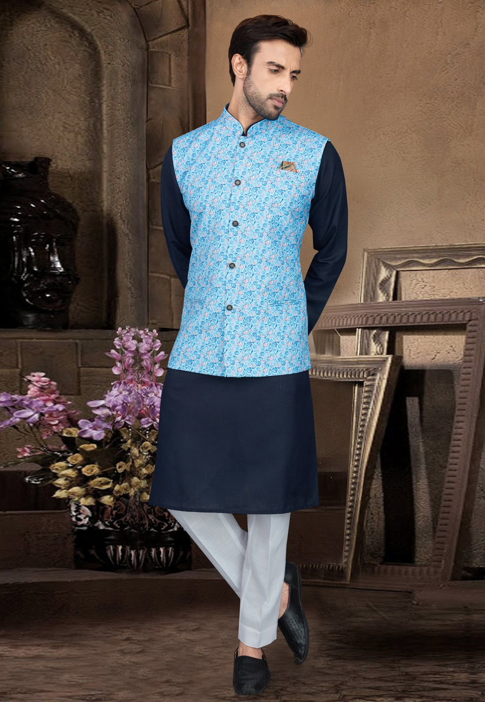 Navy Blue Cotton Readymade Kurta Pajama With Jacket 210958