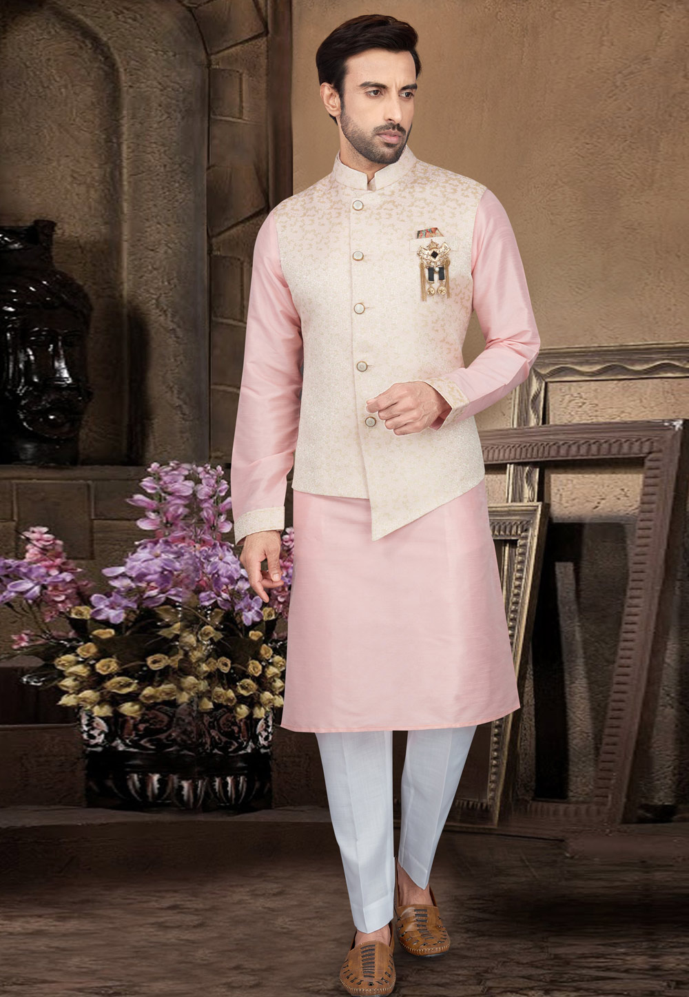 Pink Cotton Readymade Kurta Pajama With Jacket 210959
