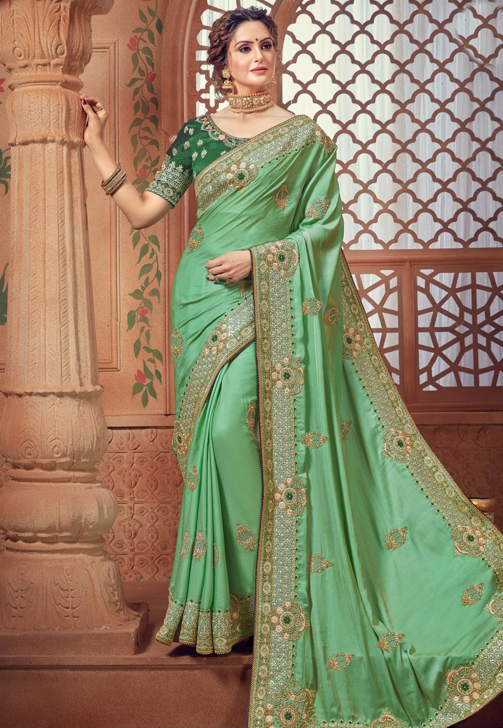Green Crepe Silk Saree With Blouse 216105