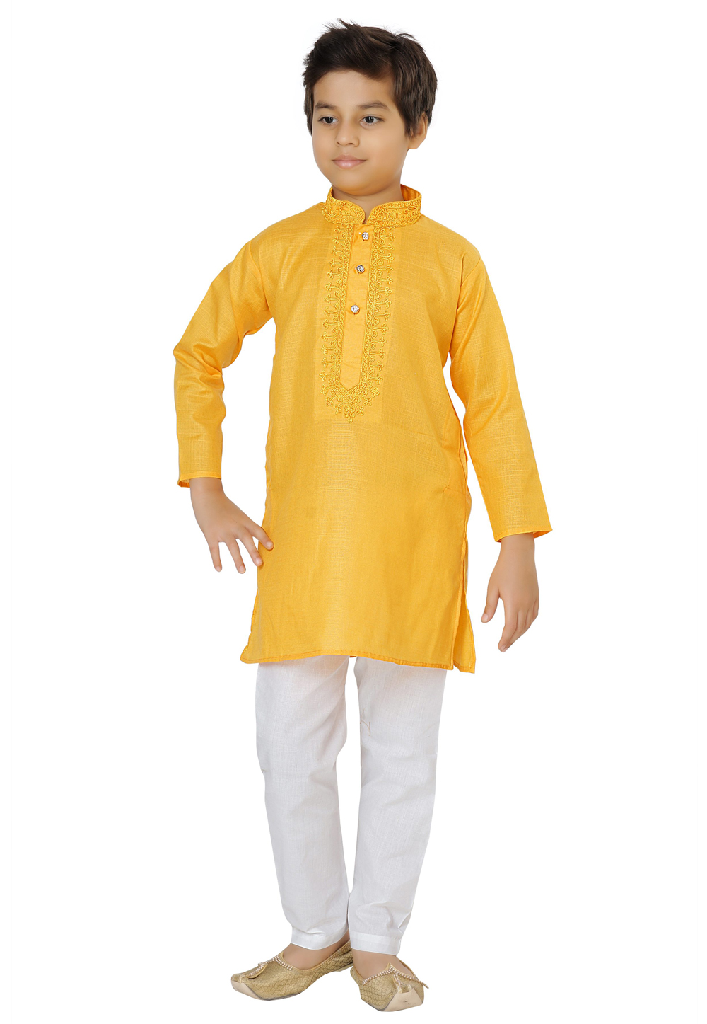 Yellow Cotton Silk Readymade Kids Kurta Pajama 212004