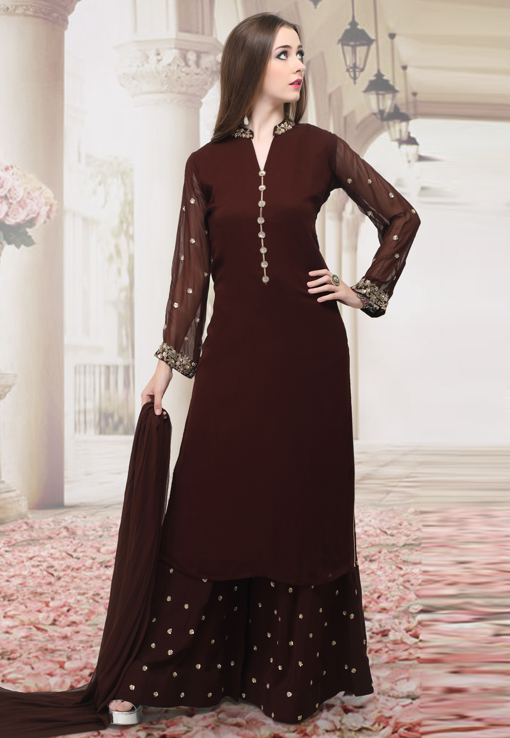 Brown Georgette Readymade Kameez With Palazzo 198335
