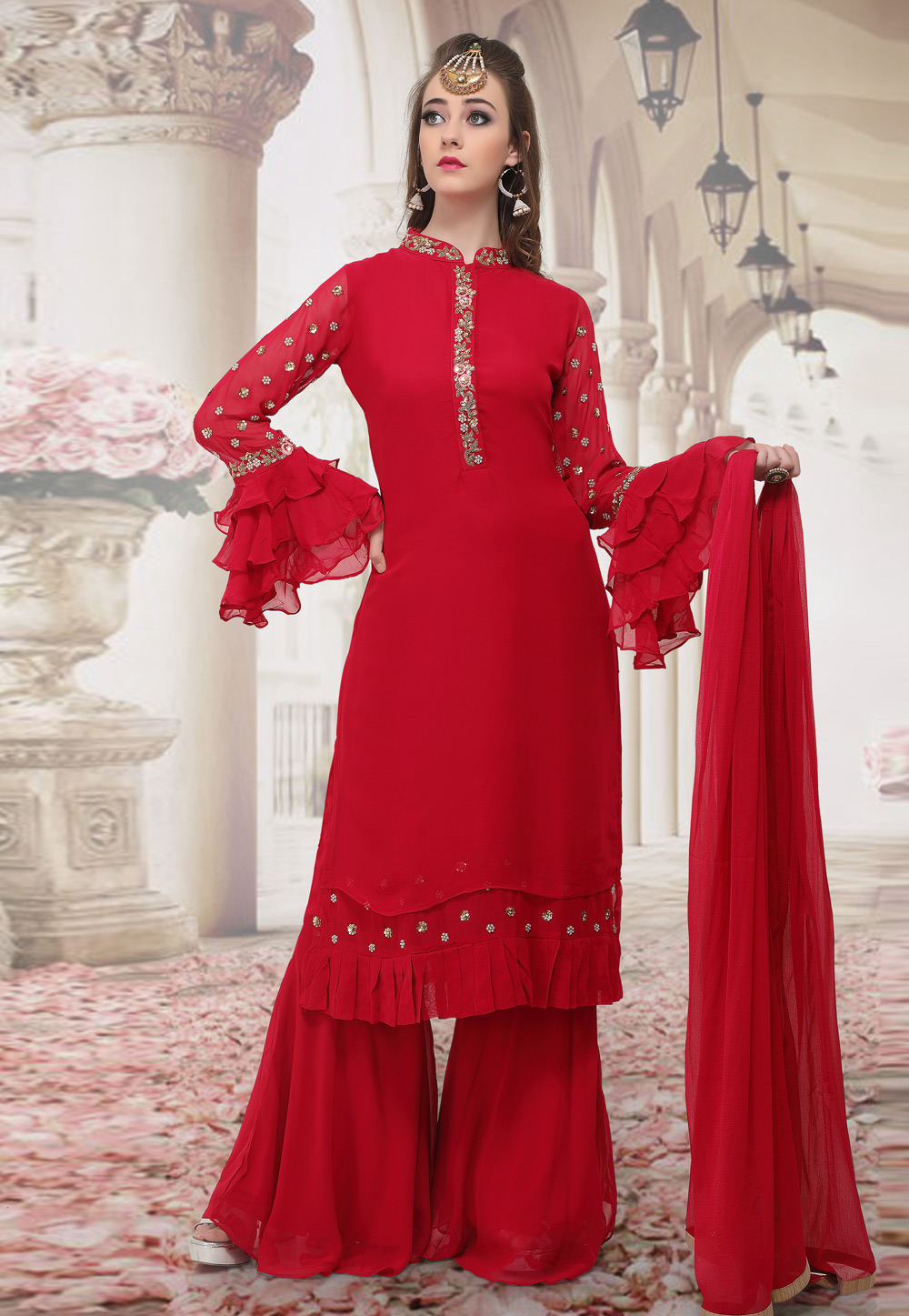 Red Georgette Readymade Sharara Suit 198337