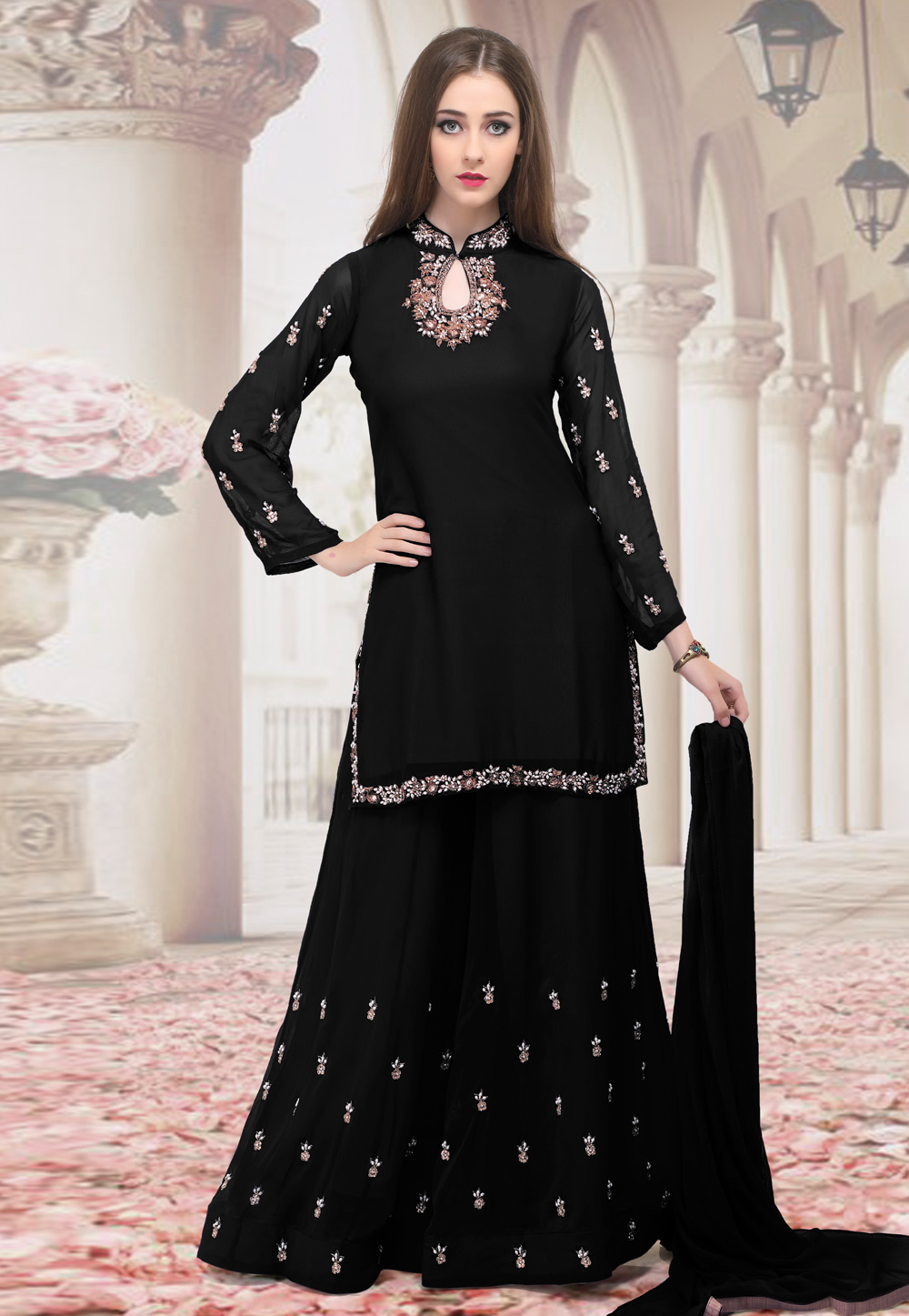 Black Georgette Readymade Kameez With Palazzo 198339