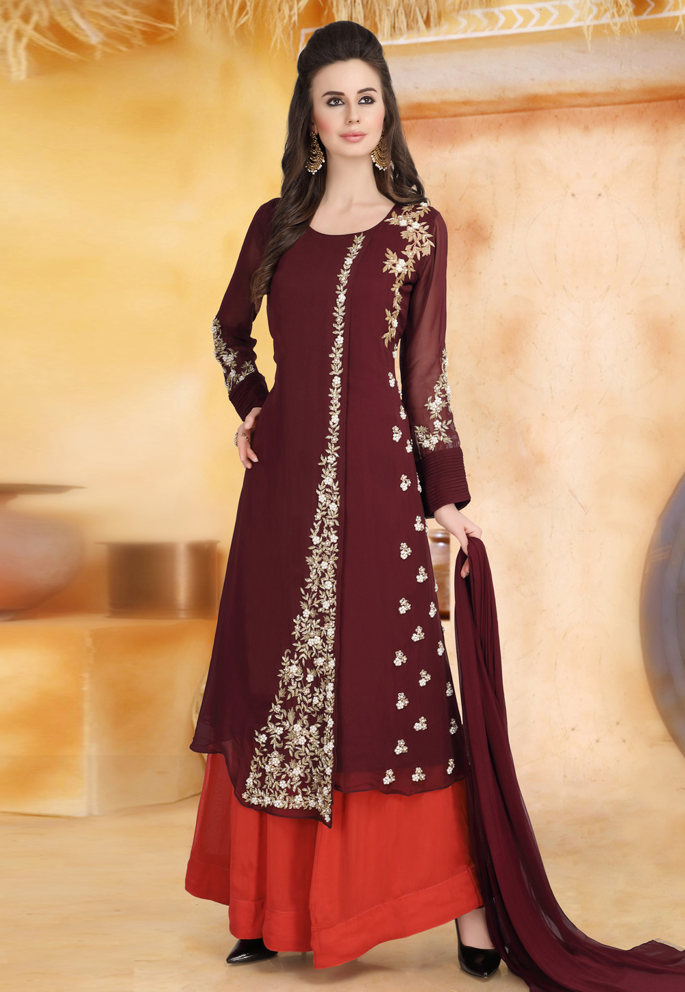 Maroon Georgette Readymade Kameez With Palazzo 198341