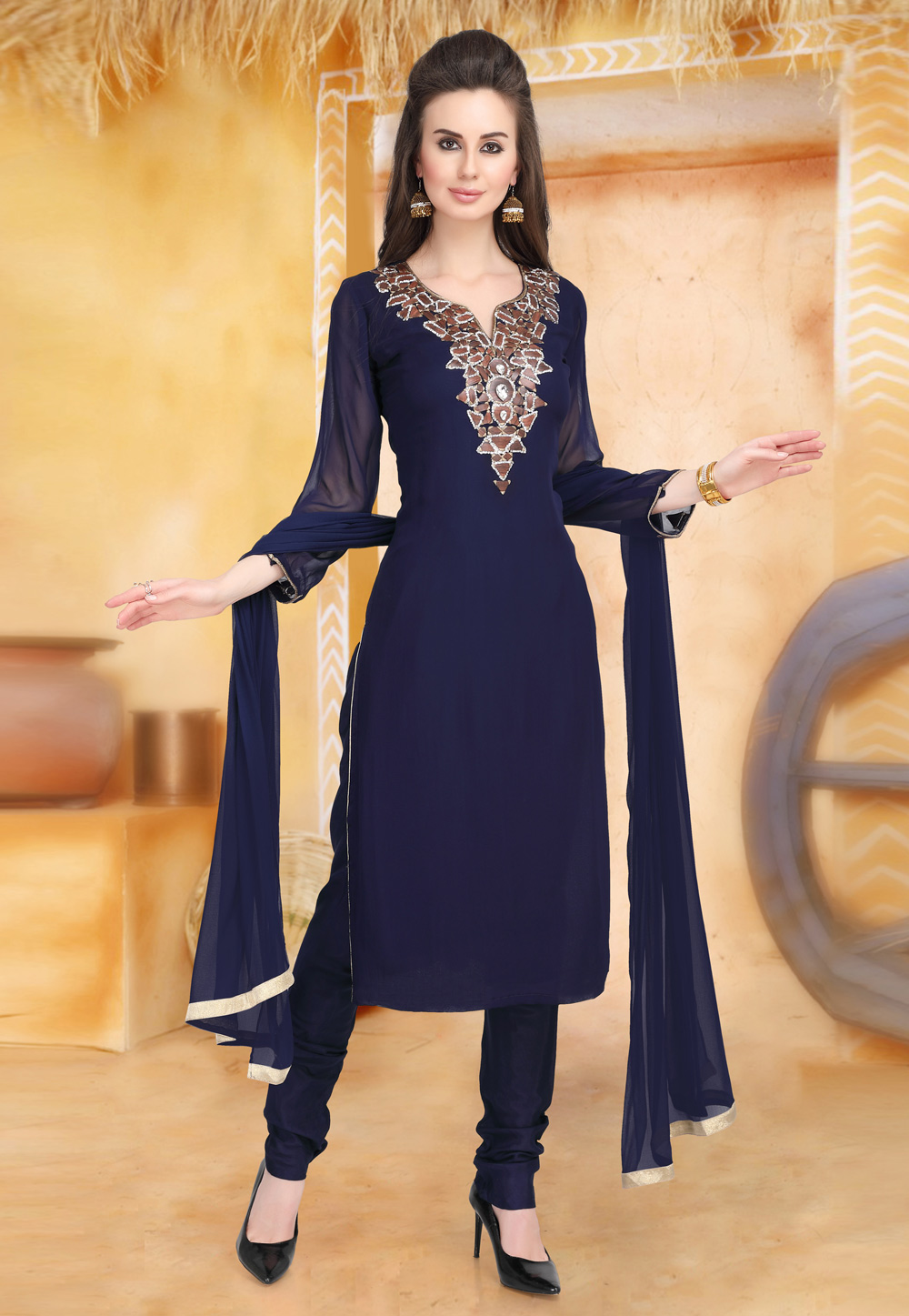 Navy Blue Georgette Readymade Churidar Suit 198343