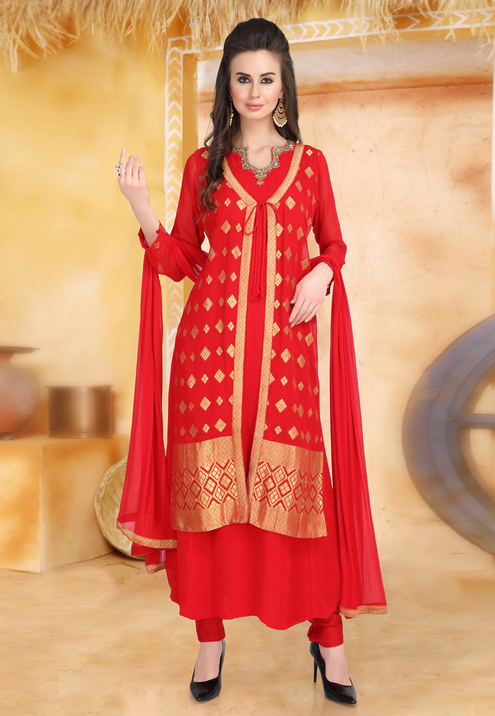 Red Georgette Readymade Churidar Suit With Attached Jacket 198348