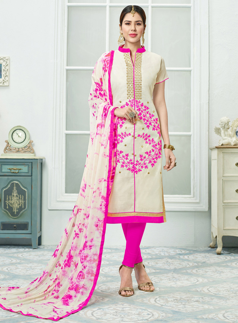 Off White Chanderi Cotton Pant Style Salwar Suit 106438