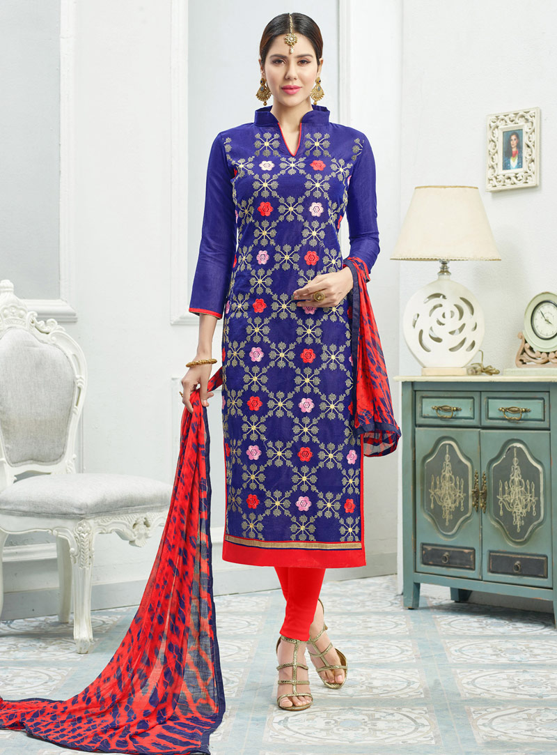 Navy Blue Chanderi Cotton Pant Style Salwar Suit 106440