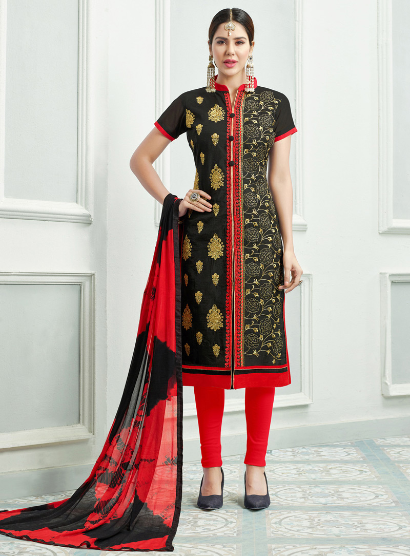 Black Chanderi Cotton Pant Style Salwar Suit 106448