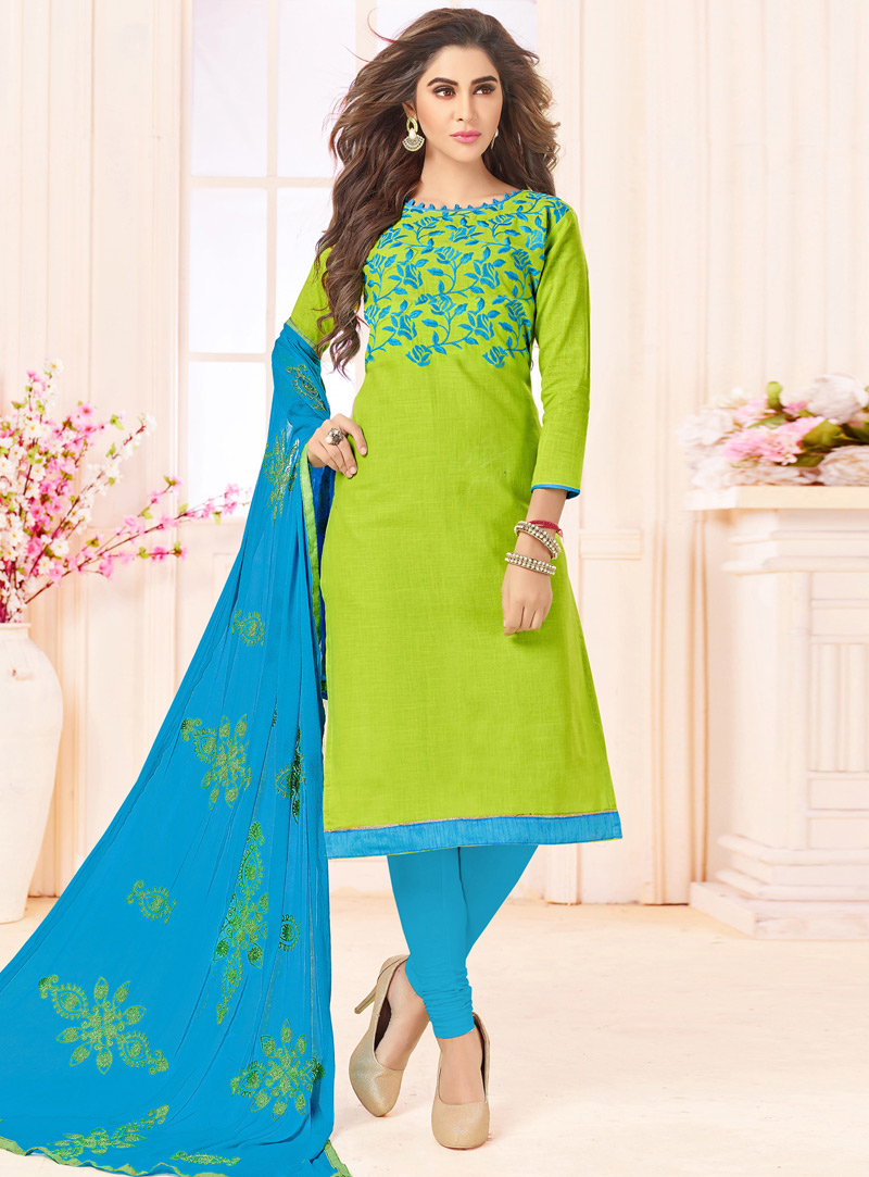 Green Cotton Churidar Suit 143562