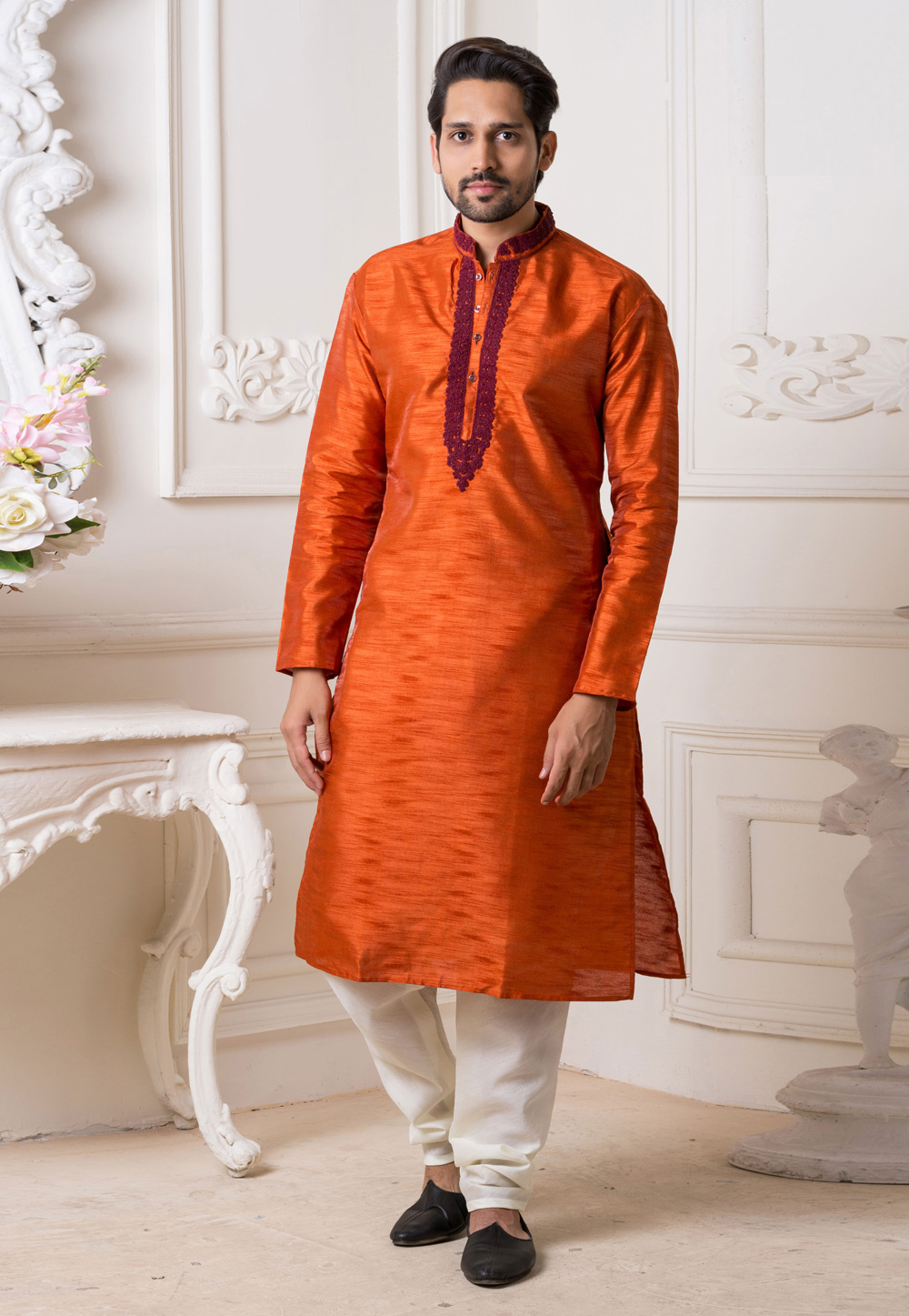 Orange Silk Readymade Kurta Pajama 190847